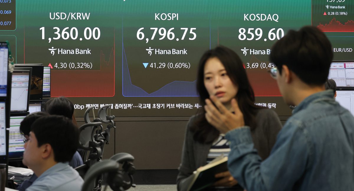韓國韓亞銀行交易室嘅 KOSPI 報價屏幕