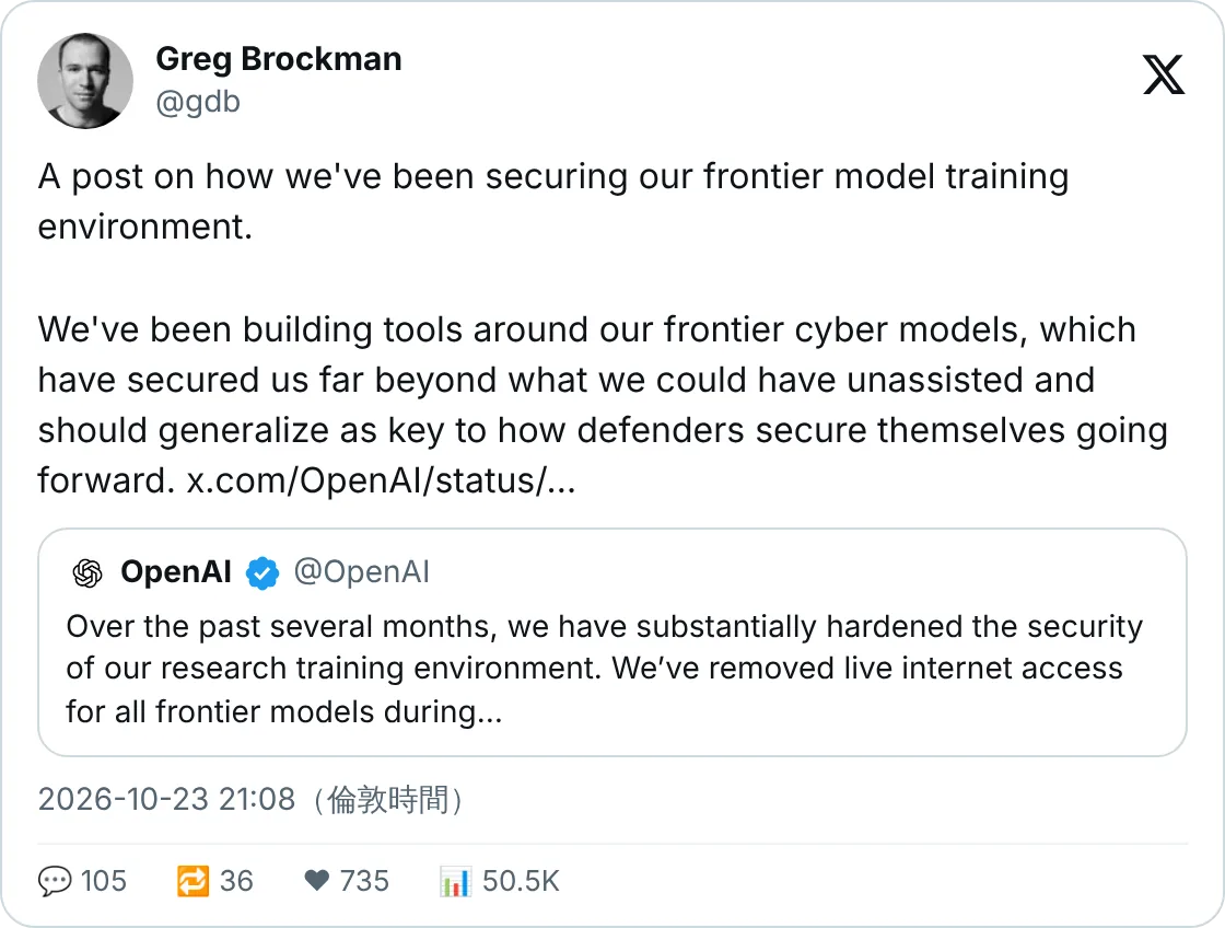 Greg Brockman 轉發 OpenAI 報告：防禦遠超自己做得到嘅程度