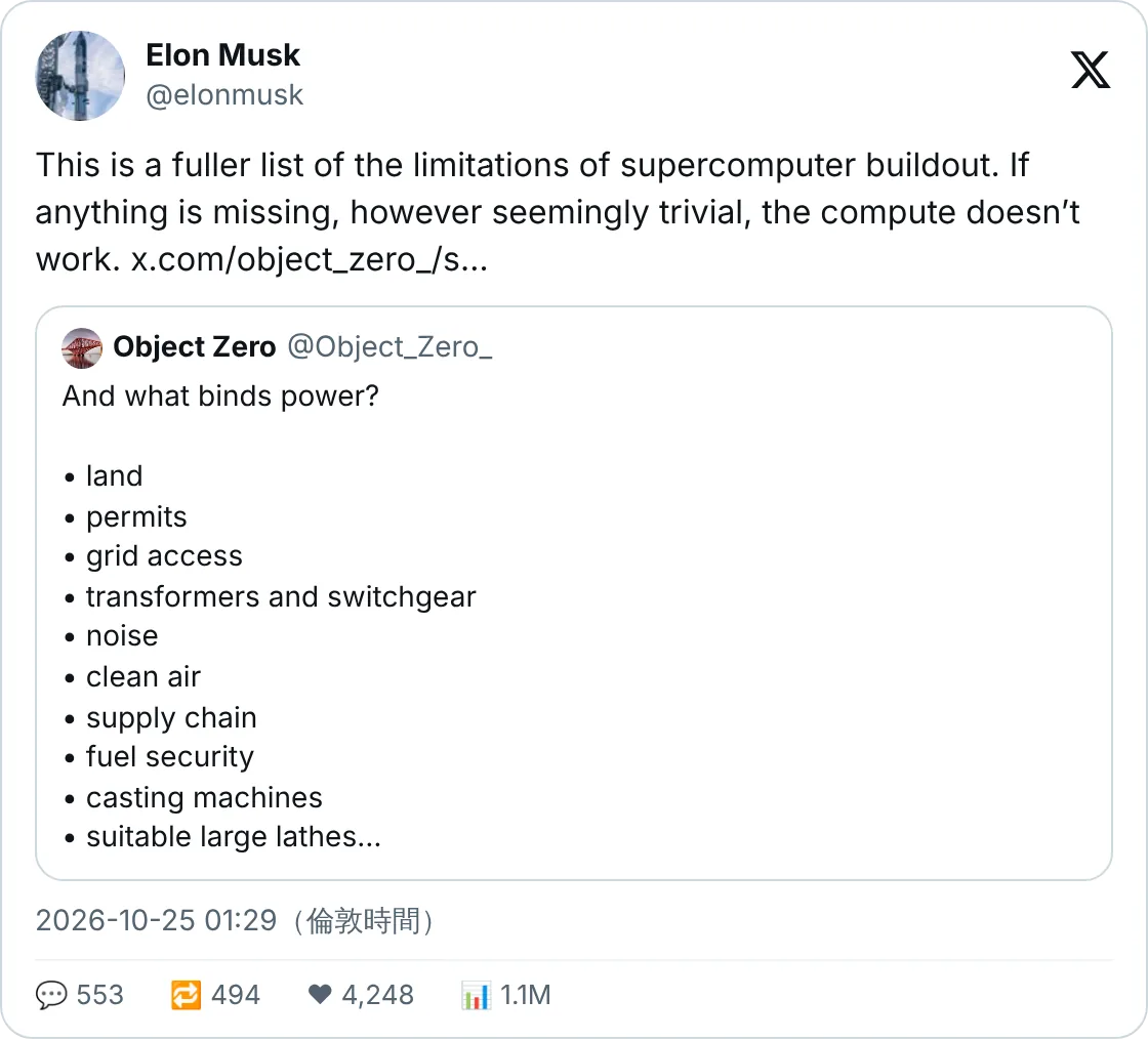 Musk：缺咗任何一樣，算力都行唔到